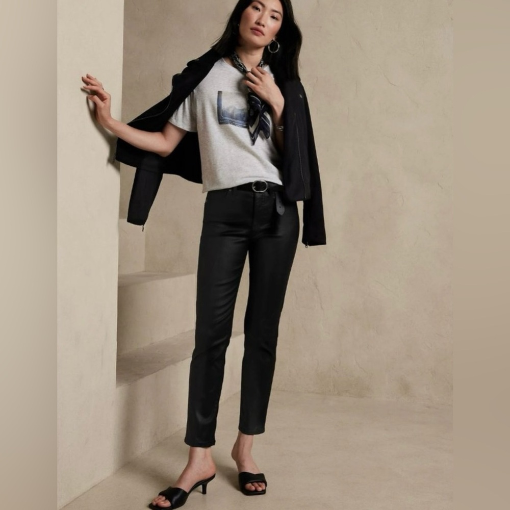 🆕 NWT Banana Republic High Rise Straight Leg Ankle Jeans Wax Coated Black Sz 26